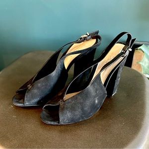 Schutz black suede peep toe sling back heels